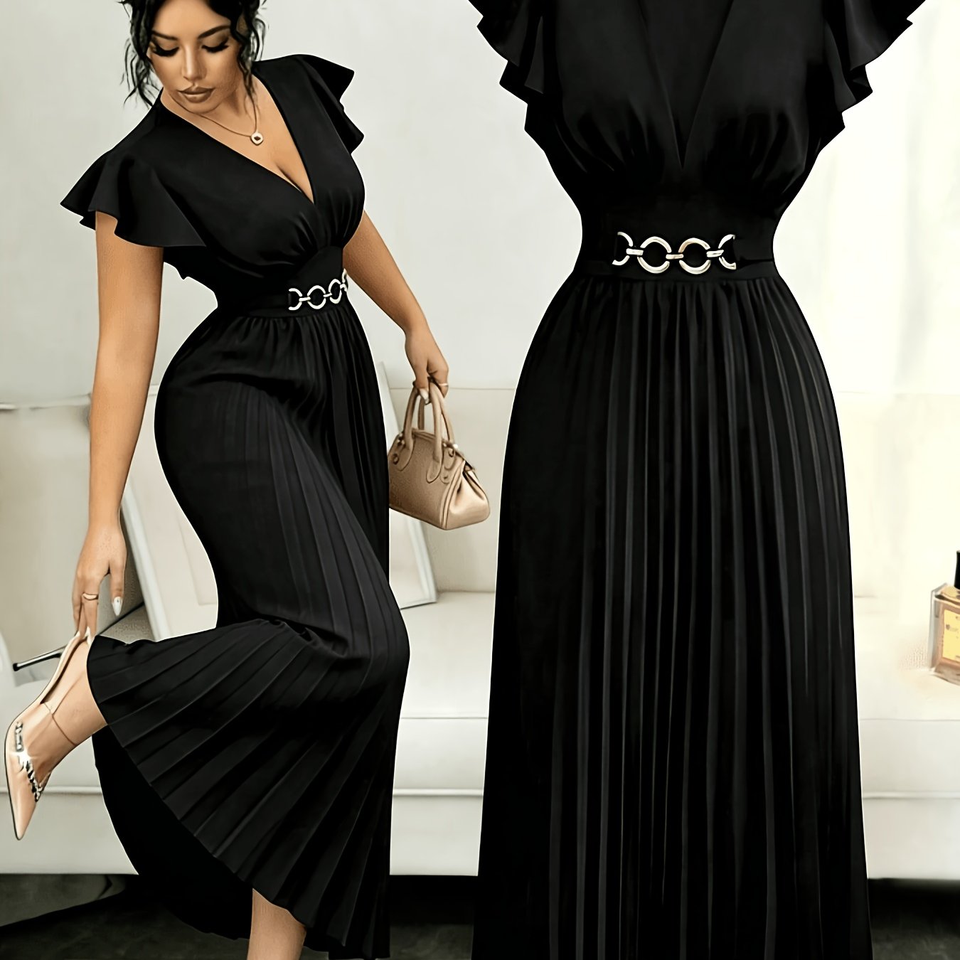 Spring And Summer New Elegant Ladies Slim V-Neck Dress with Pleated Craftsmanship, Large Skirt, Ruffled Lotus Leaf Sleeves, Valentine'S Day Party Gathering Elegant Dress, Commuting Fashion Skirt