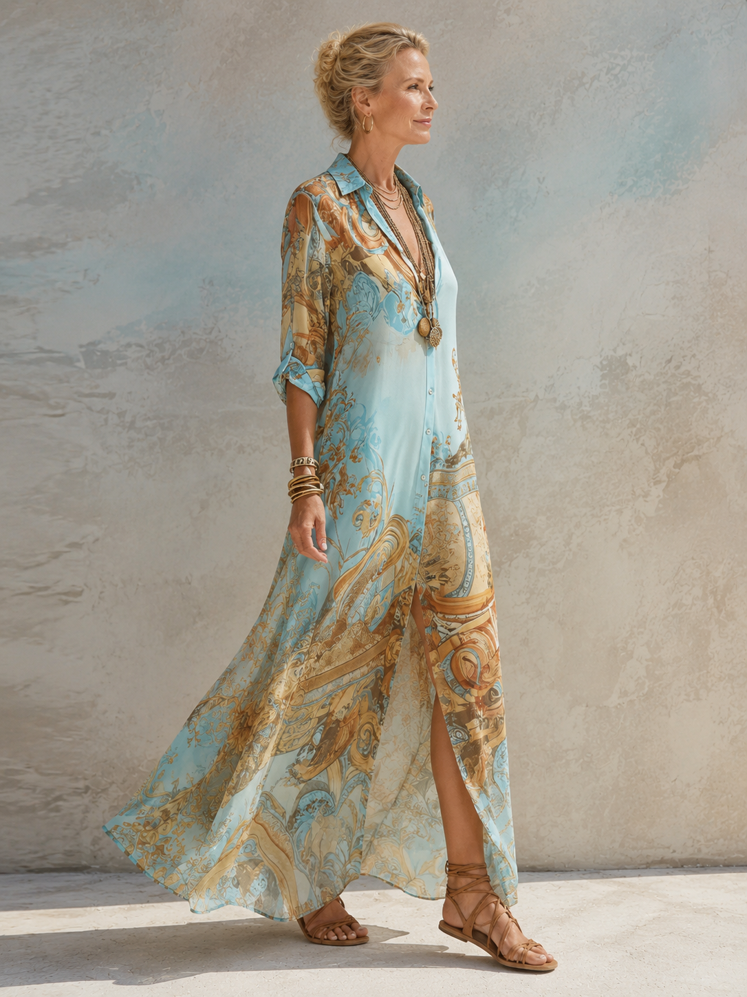 Baroque Style Floral Blue Chiffon Maxi Dress