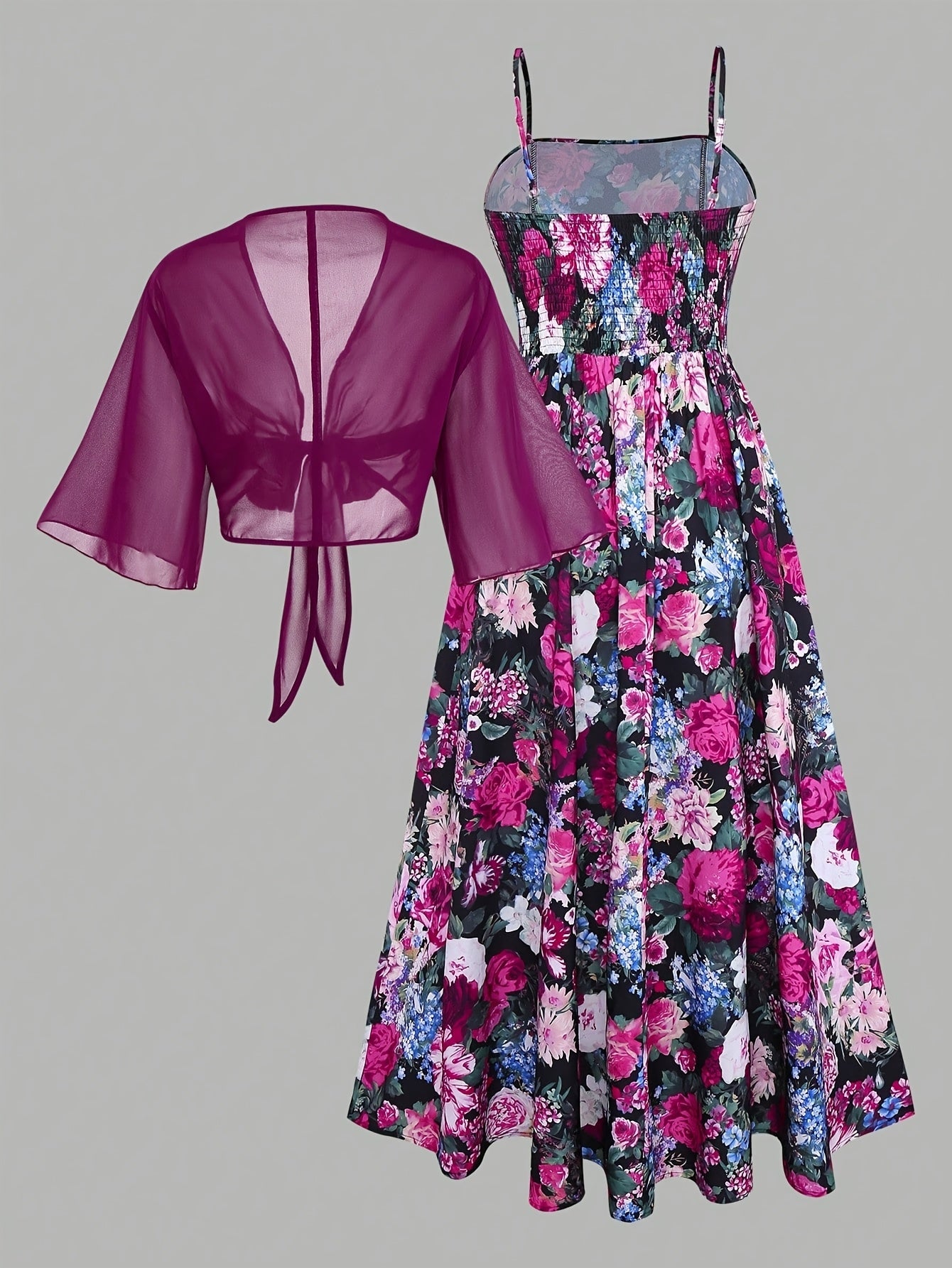 Women's New Summer Fashion Printed 2pcs Dress Set with Green Shawl
