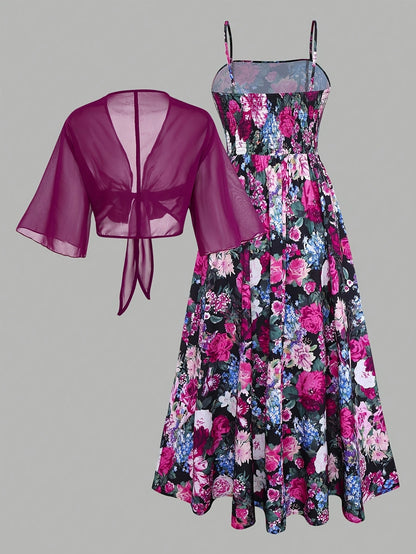 Women's New Summer Fashion Printed 2pcs Dress Set with Green Shawl