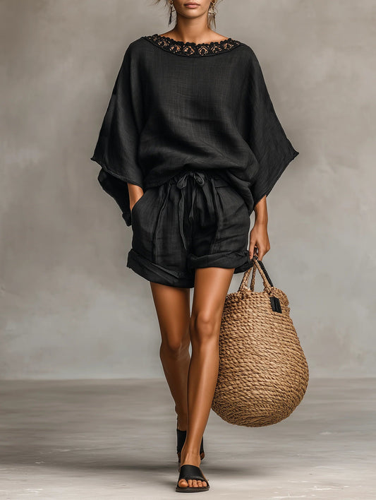 Lila Lace Boat Neck Blouse and Shorts Set
