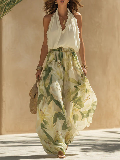 Lila Chiffon Ruffled Top and Lily Print Pants Set