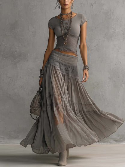 Elena Lace-Paneled Top and Pleated Maxi Skirt Set