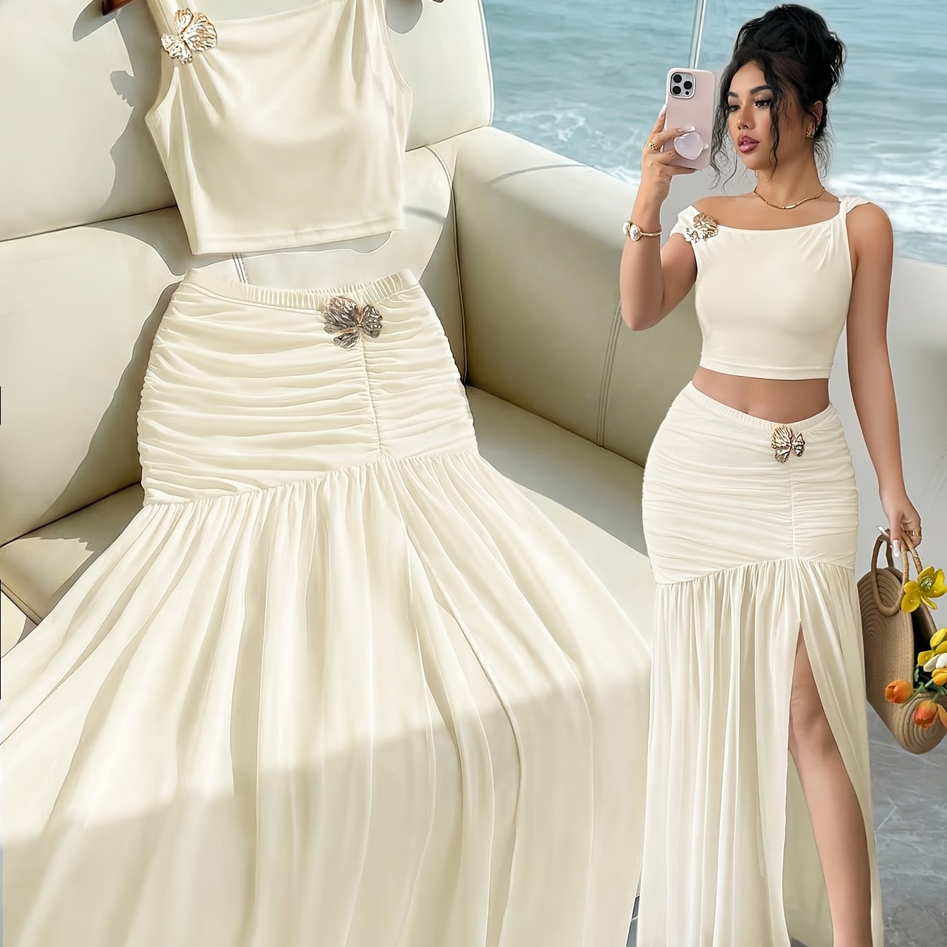 Elegant 2pcs Set for Women, Featuring a Strappy Crop Top and a Slit Maxi Skirt with Metallic Embellishments. The Slim-fit Design Is Perfect for High-end Occasions Such as Dates, Evening Parties, Gatherings, and Vacations
