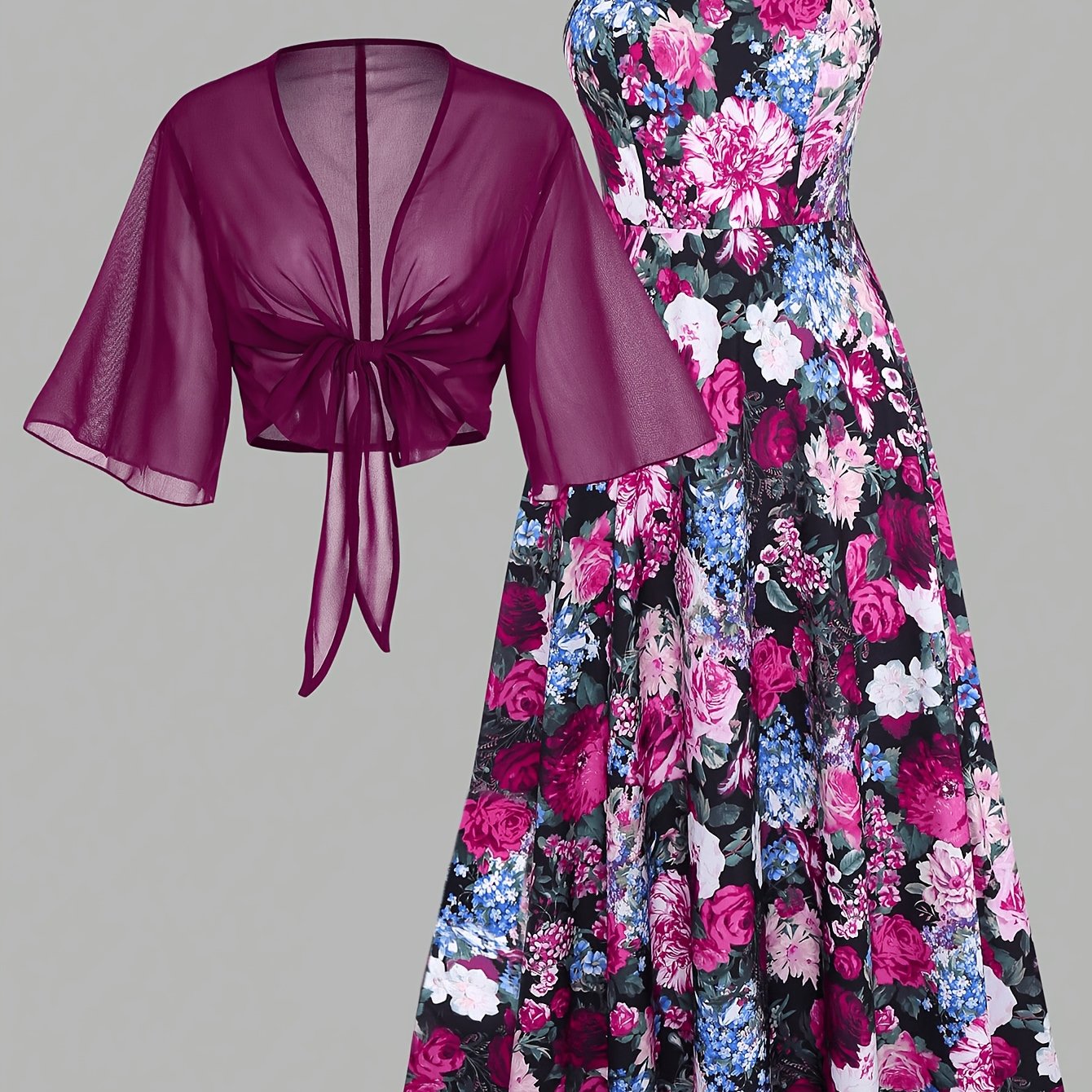 Women's New Summer Fashion Printed 2pcs Dress Set with Green Shawl