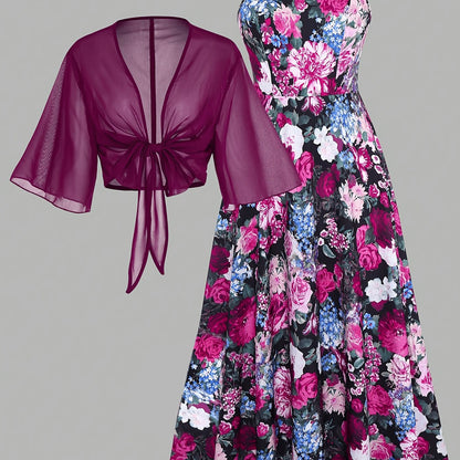 Women's New Summer Fashion Printed 2pcs Dress Set with Green Shawl