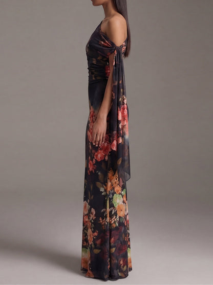 Black One-Shoulder Printed Pleated Chiffon Maxi Dress