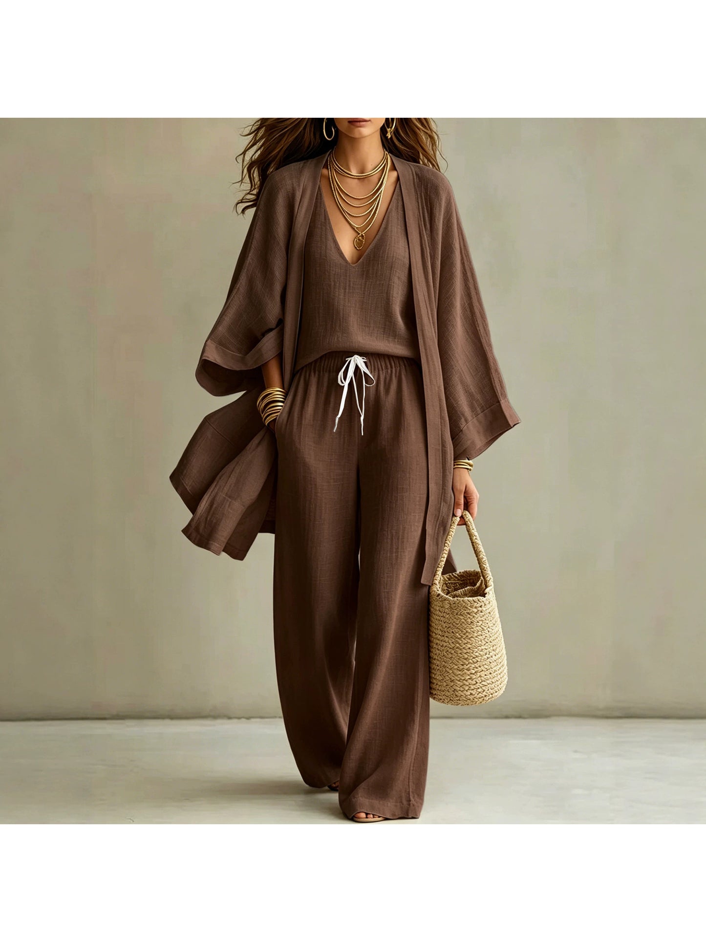European And American Summer Loose - Mid-Length Three-Piece Set for Women: Three-Quarter Sleeve Cardigan, Sleeveless Vest, And Long Pants