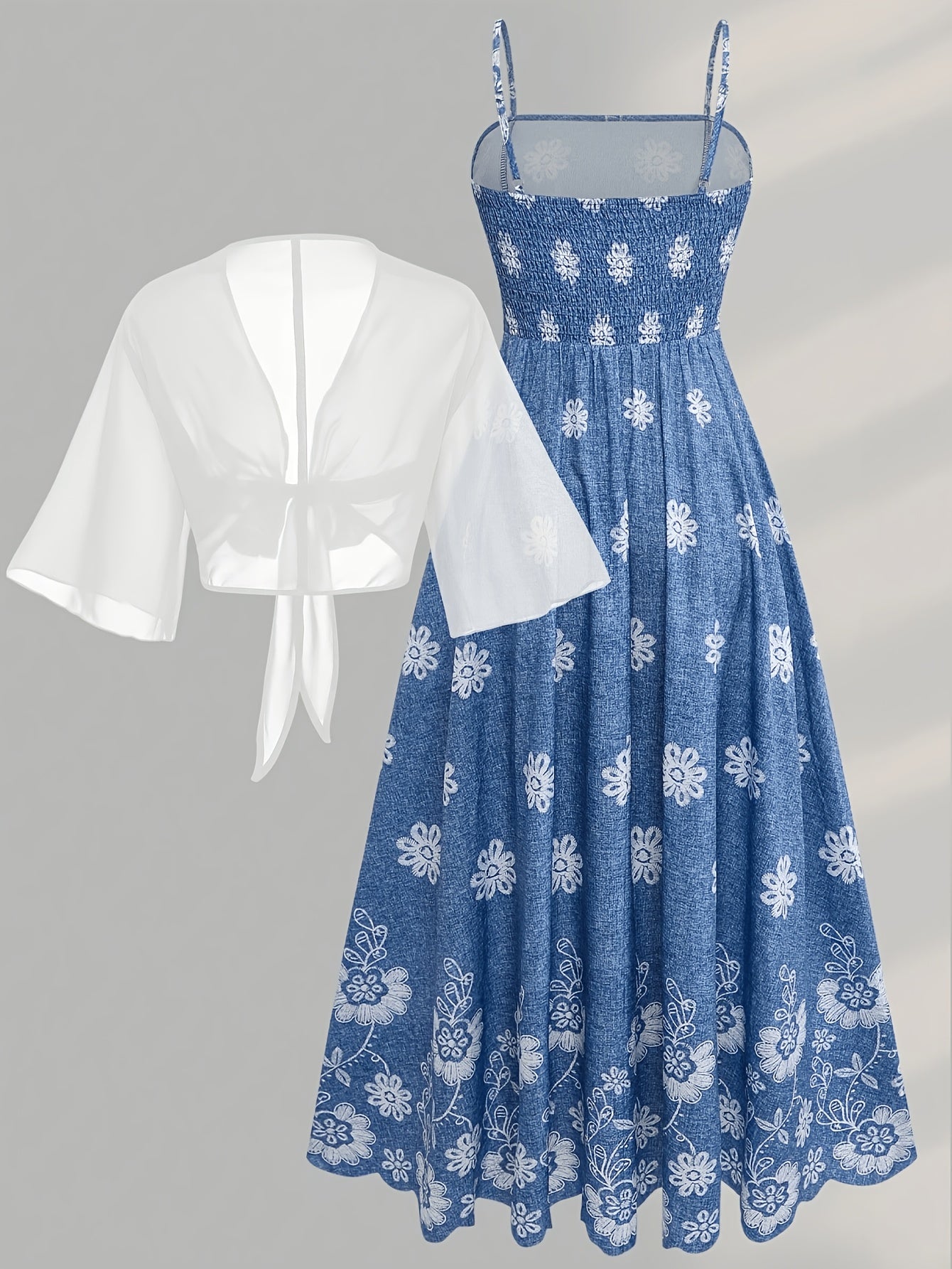 Women's New Summer Fashion Printed 2pcs Dress Set with Green Shawl