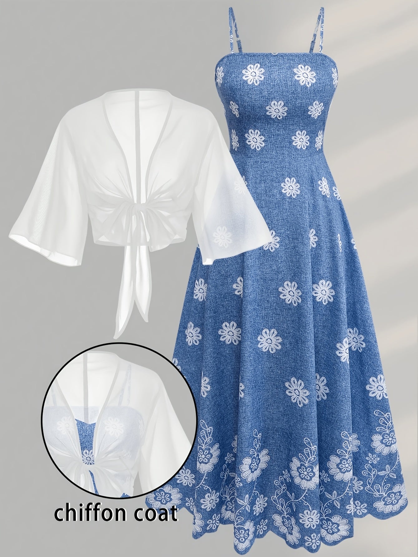 Women's New Summer Fashion Printed 2pcs Dress Set with Green Shawl