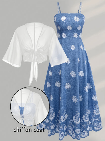 Women's New Summer Fashion Printed 2pcs Dress Set with Green Shawl