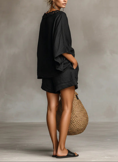 Lila Lace Boat Neck Blouse and Shorts Set