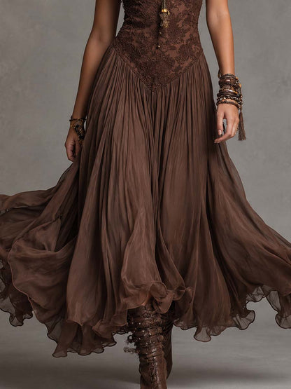 Dark Brown Lace-Paneled Chiffon Maxi Dress