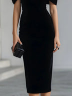 Regina ❘ Black Velvet Midi Dress with Dramatic Bow