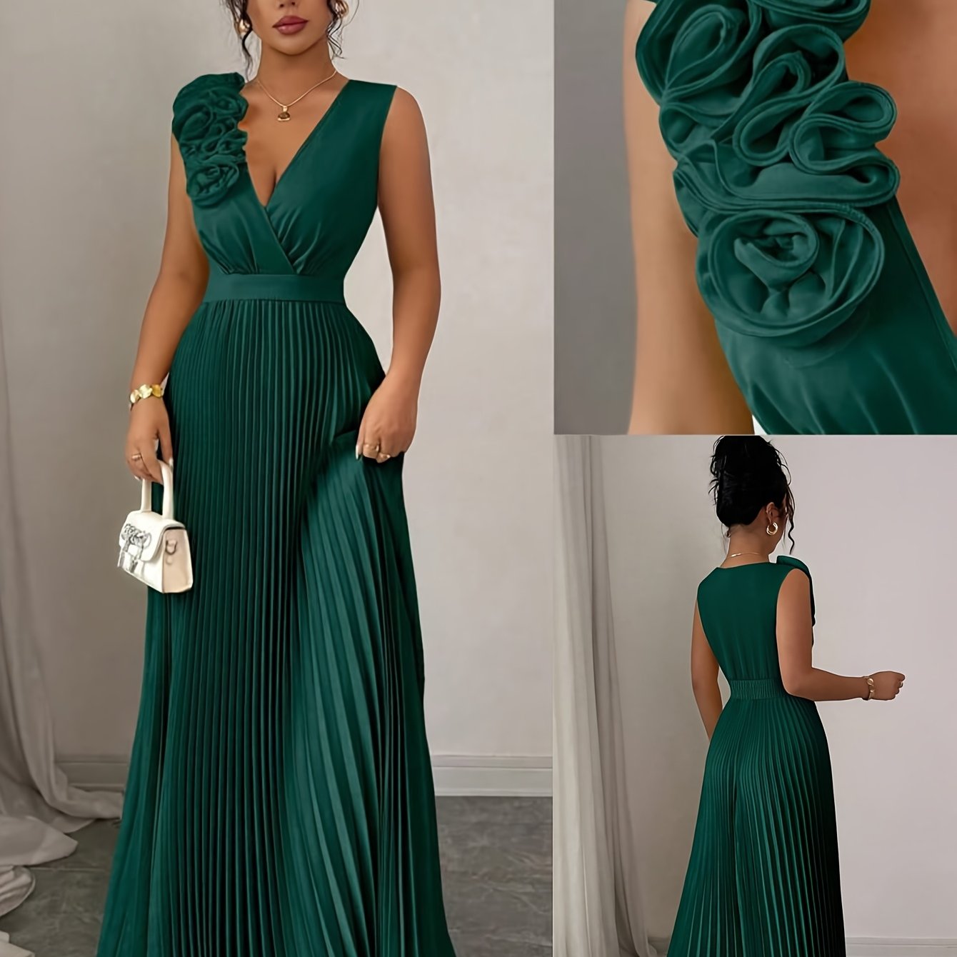 Elegant V-neck Sleeveless Patchwork Exaggerated Floral A-line Hem Pleated Dress