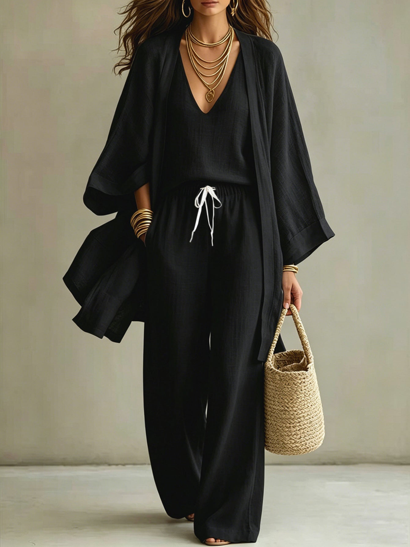 European And American Summer Loose - Mid-Length Three-Piece Set for Women: Three-Quarter Sleeve Cardigan, Sleeveless Vest, And Long Pants