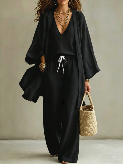 European And American Summer Loose - Mid-Length Three-Piece Set for Women: Three-Quarter Sleeve Cardigan, Sleeveless Vest, And Long Pants