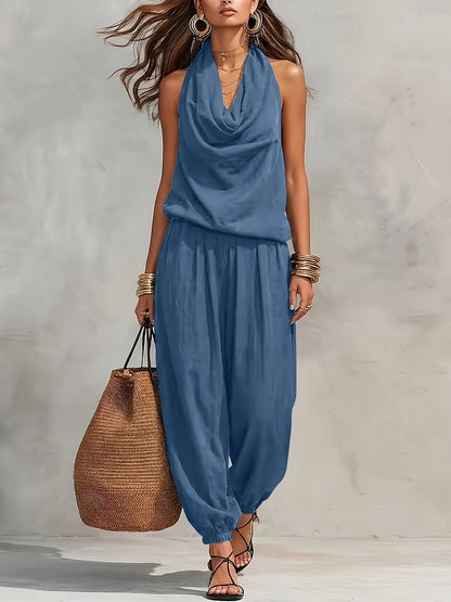 BK260503024+ Women's Elegant Faux Linen Texture Halter Neck Slouchy Collar Wide-Leg Pants Set, Loose Sleeveless Breathable Skin-Friendly 2pcs Set, Versatile for Commuting and Casual Wear, Drawstring Waist Design for and Figure-Flattering Effect