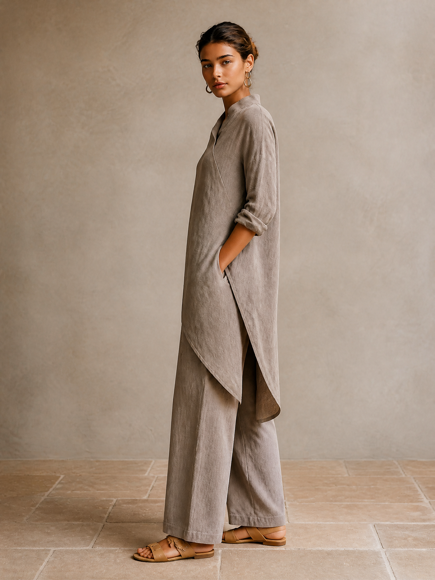 Women's Asymmetric Wrap Linen Vacation Two‑Piece Set MDZ1471H8LYL