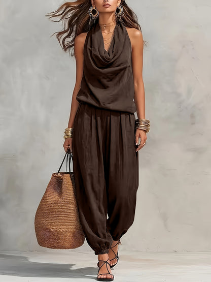 BK260503024+ Women's Elegant Faux Linen Texture Halter Neck Slouchy Collar Wide-Leg Pants Set, Loose Sleeveless Breathable Skin-Friendly 2pcs Set, Versatile for Commuting and Casual Wear, Drawstring Waist Design for and Figure-Flattering Effect