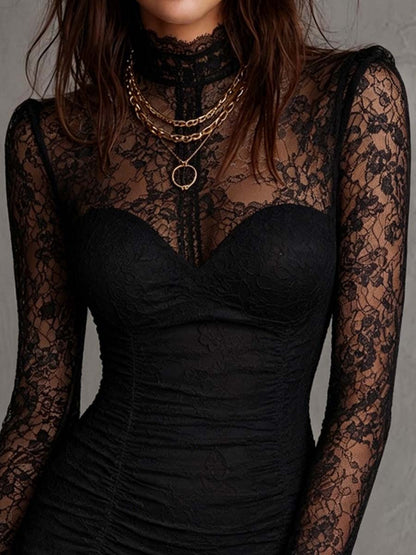 Vintage Black Floral Lace Mock Neck Ruched Bodycon Mini Dress