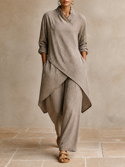Women's Asymmetric Wrap Linen Vacation Two‑Piece Set MDZ1471H8LYL