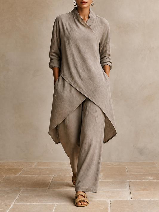 Women's Asymmetric Wrap Linen Vacation Two‑Piece Set MDZ1471H8LYL