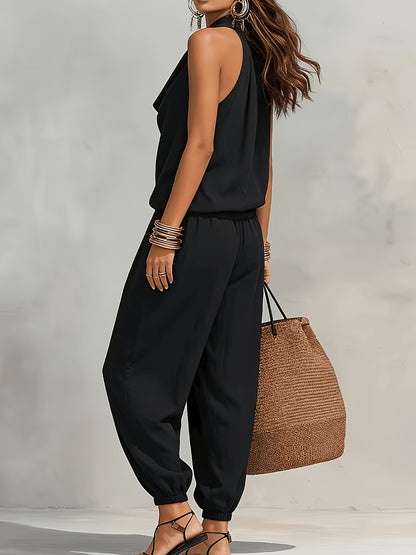 BK260503024+ Women's Elegant Faux Linen Texture Halter Neck Slouchy Collar Wide-Leg Pants Set, Loose Sleeveless Breathable Skin-Friendly 2pcs Set, Versatile for Commuting and Casual Wear, Drawstring Waist Design for and Figure-Flattering Effect