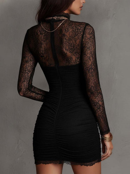 Vintage Black Floral Lace Mock Neck Ruched Bodycon Mini Dress