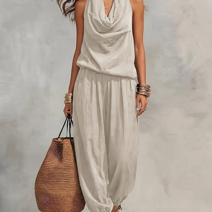 BK260503024+ Women's Elegant Faux Linen Texture Halter Neck Slouchy Collar Wide-Leg Pants Set, Loose Sleeveless Breathable Skin-Friendly 2pcs Set, Versatile for Commuting and Casual Wear, Drawstring Waist Design for and Figure-Flattering Effect