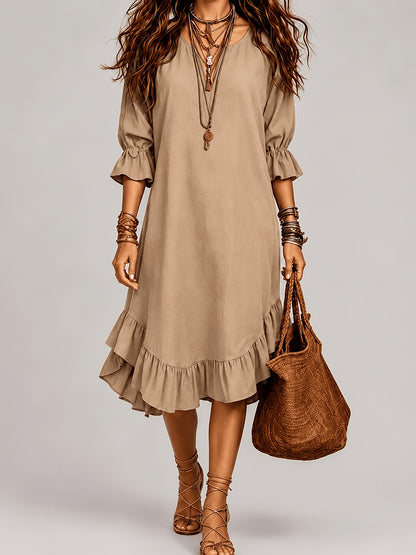 1pc 2026 New Spring Summer Women'S Midi Dress Solid Army Green V Neck 3/4 Ruffle Sleeve Irregular Ruffled Hem Loose Linen Texture Bohemian Casual Daily Beach Vacation Dress