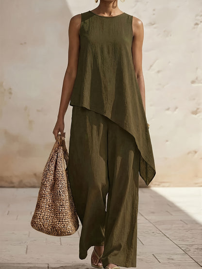 Casual 2pcs Set, Loose Fit Solid Color Crew Neck Sleeveless Side Slit Irregular Hem Top with High-Waist Wide-Leg Pants