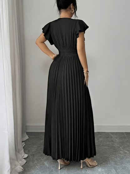 Spring And Summer New Elegant Ladies Slim V-Neck Dress with Pleated Craftsmanship, Large Skirt, Ruffled Lotus Leaf Sleeves, Valentine'S Day Party Gathering Elegant Dress, Commuting Fashion Skirt