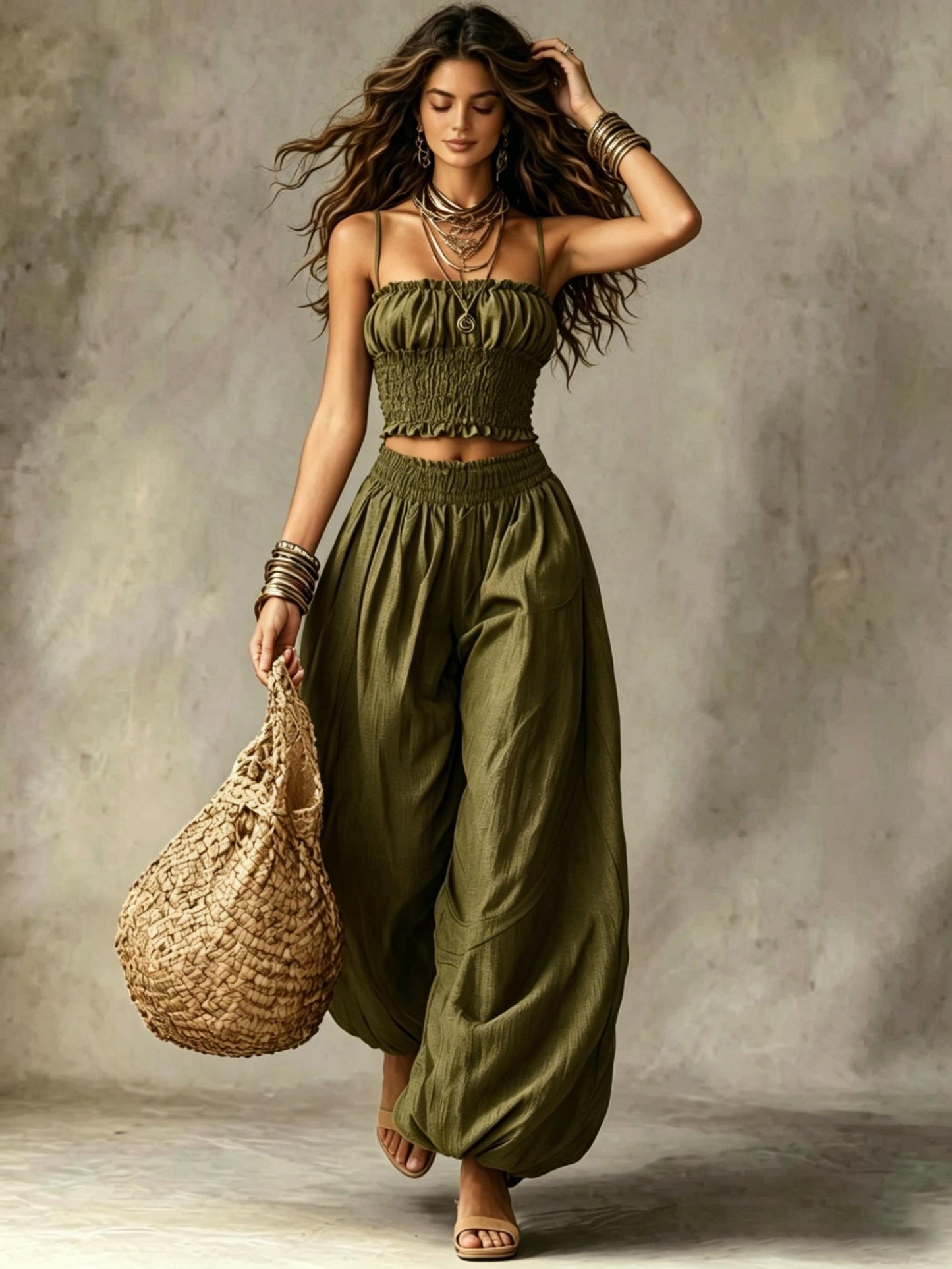 Elegant Bustier Short Cami And Lantern Pants Set, Vacation Casual Two-Piece Outfit, Women'S Style