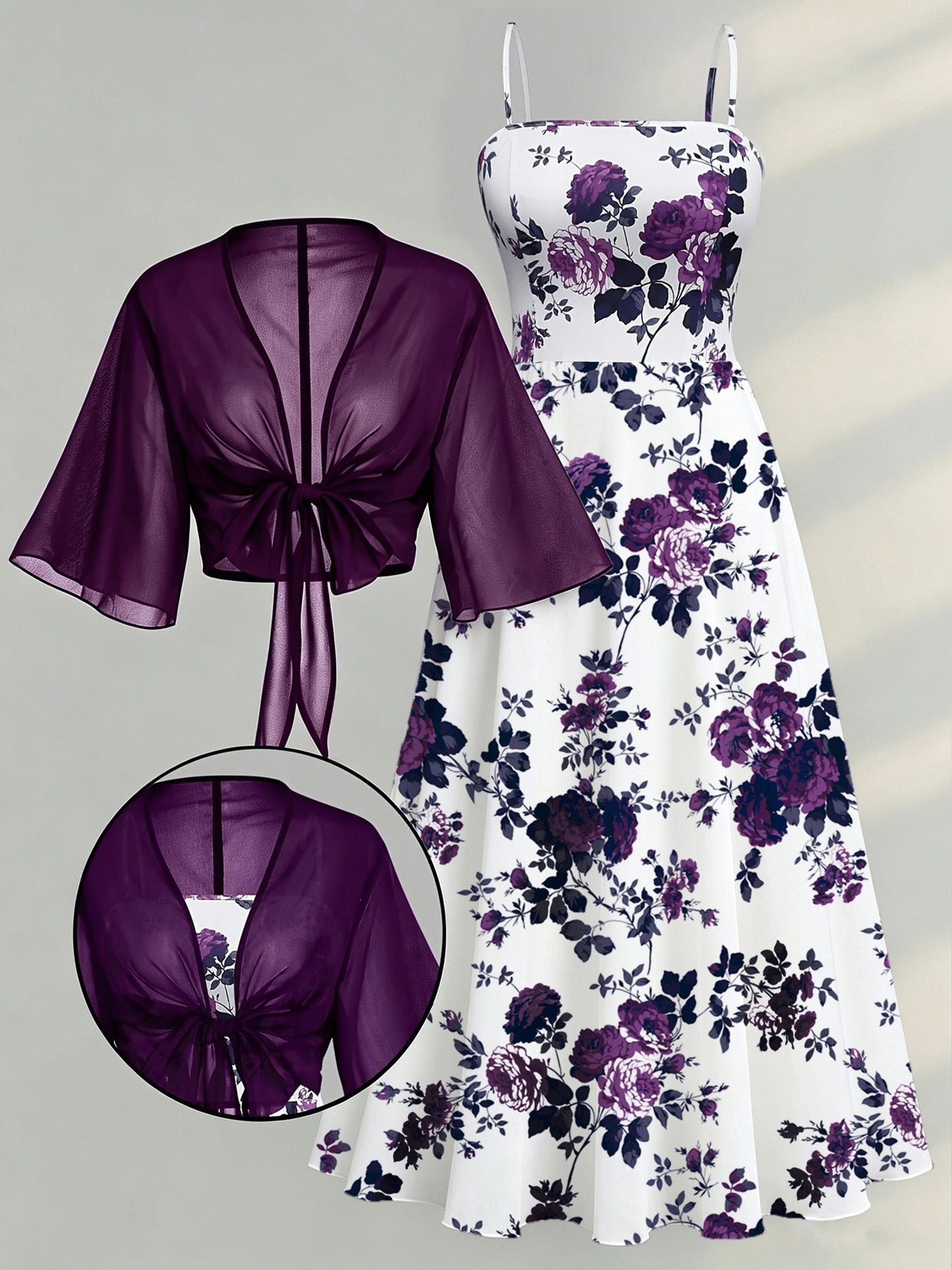 Women's New Summer Fashion Printed 2pcs Dress Set with Green Shawl
