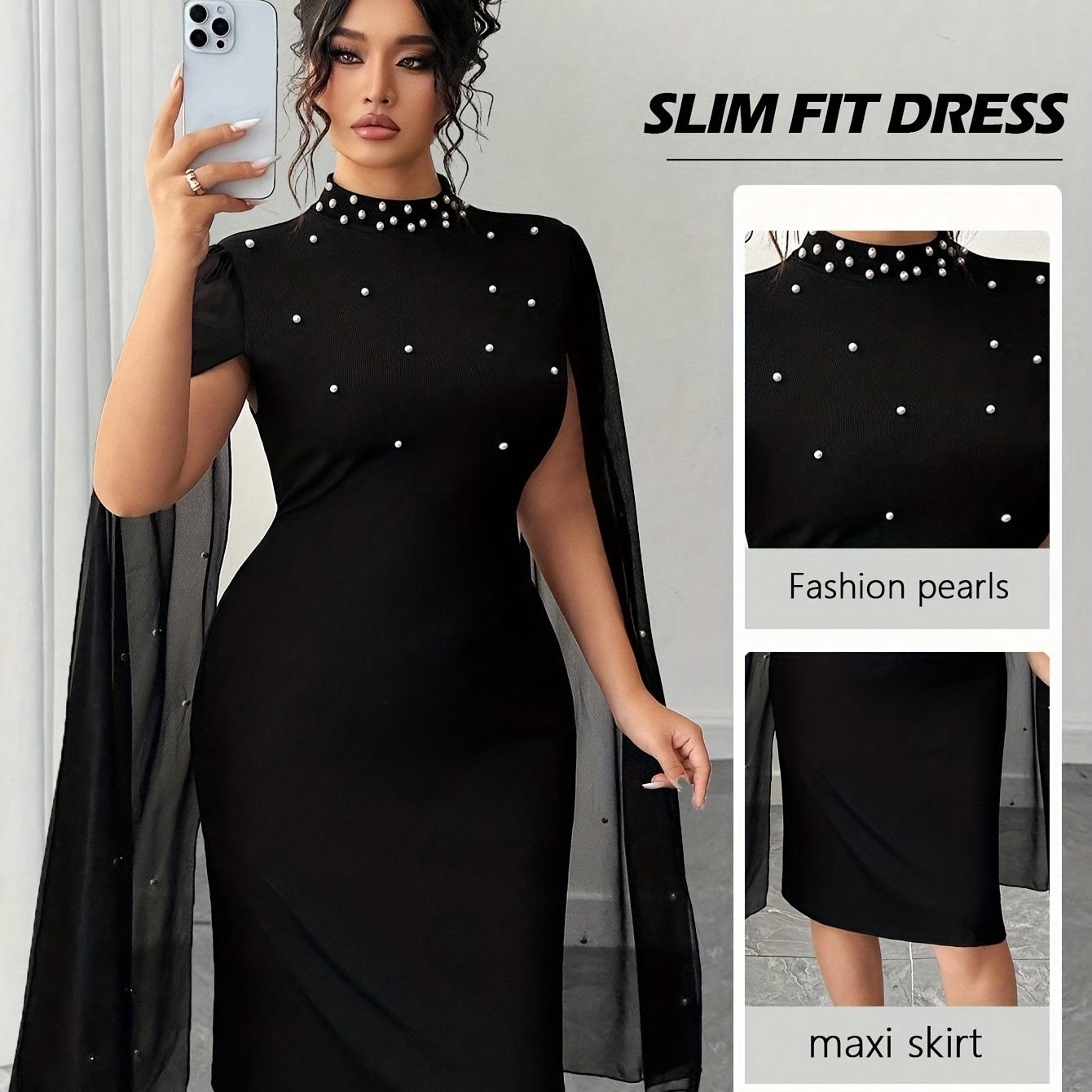Plus Size - Plus Size - Plus Size Women'S Elegant Slim Fit Black Solid Color Spliced Beaded Chiffon Mesh Sleeve Mid-Length Dress Spring And Autumn Fashion Women'S New Elegant Easy Daily Suitable for Spring And Summer Wear Women'S Dress