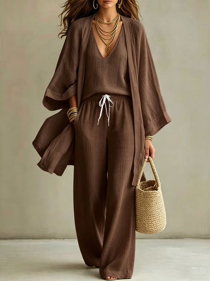 European And American Summer Loose - Mid-Length Three-Piece Set for Women: Three-Quarter Sleeve Cardigan, Sleeveless Vest, And Long Pants
