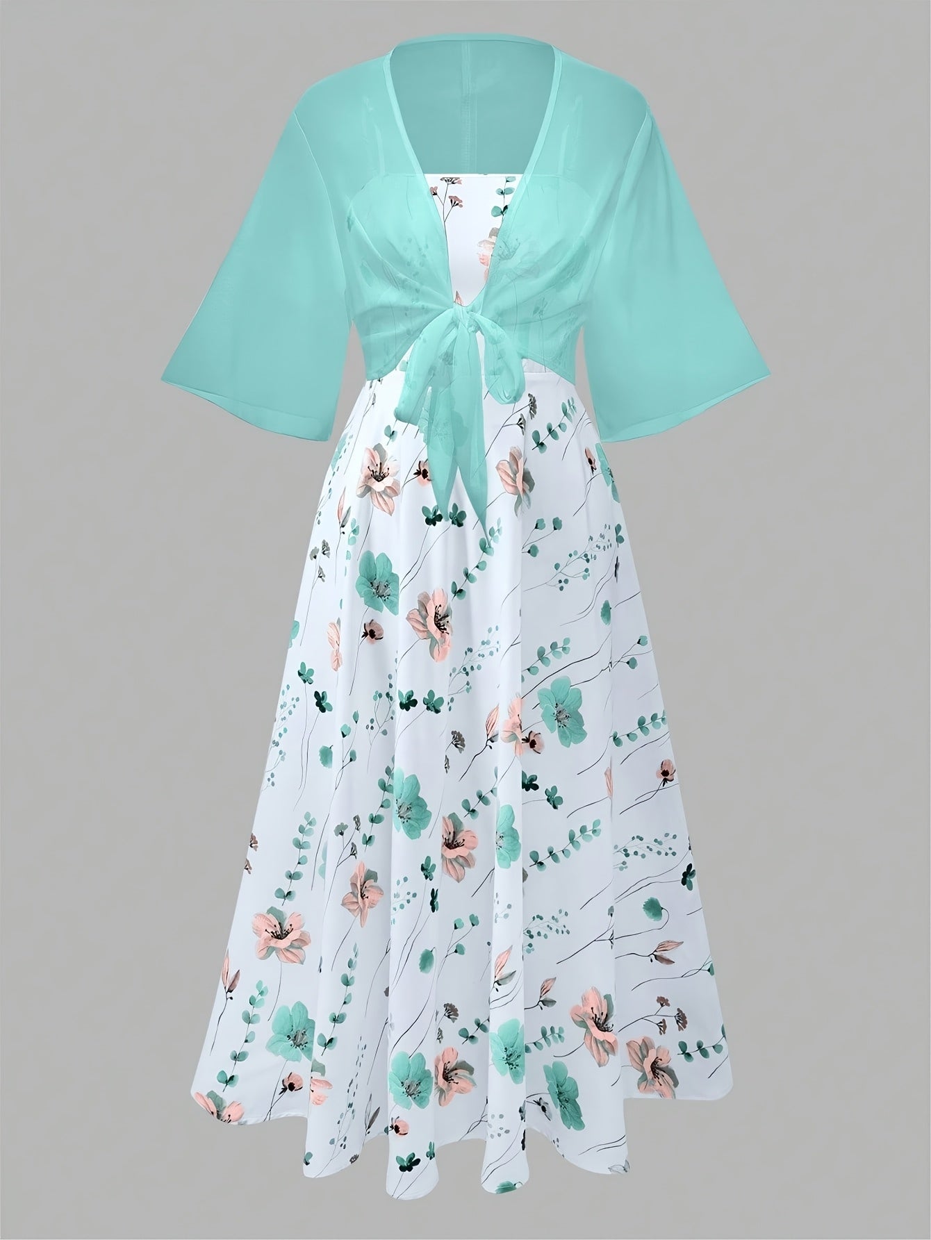 Women's New Summer Fashion Printed 2pcs Dress Set with Green Shawl