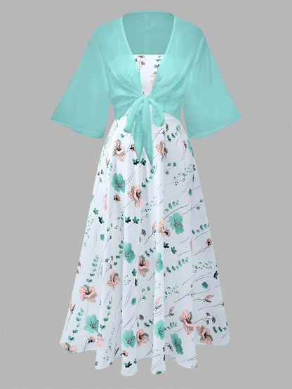 Women's New Summer Fashion Printed 2pcs Dress Set with Green Shawl