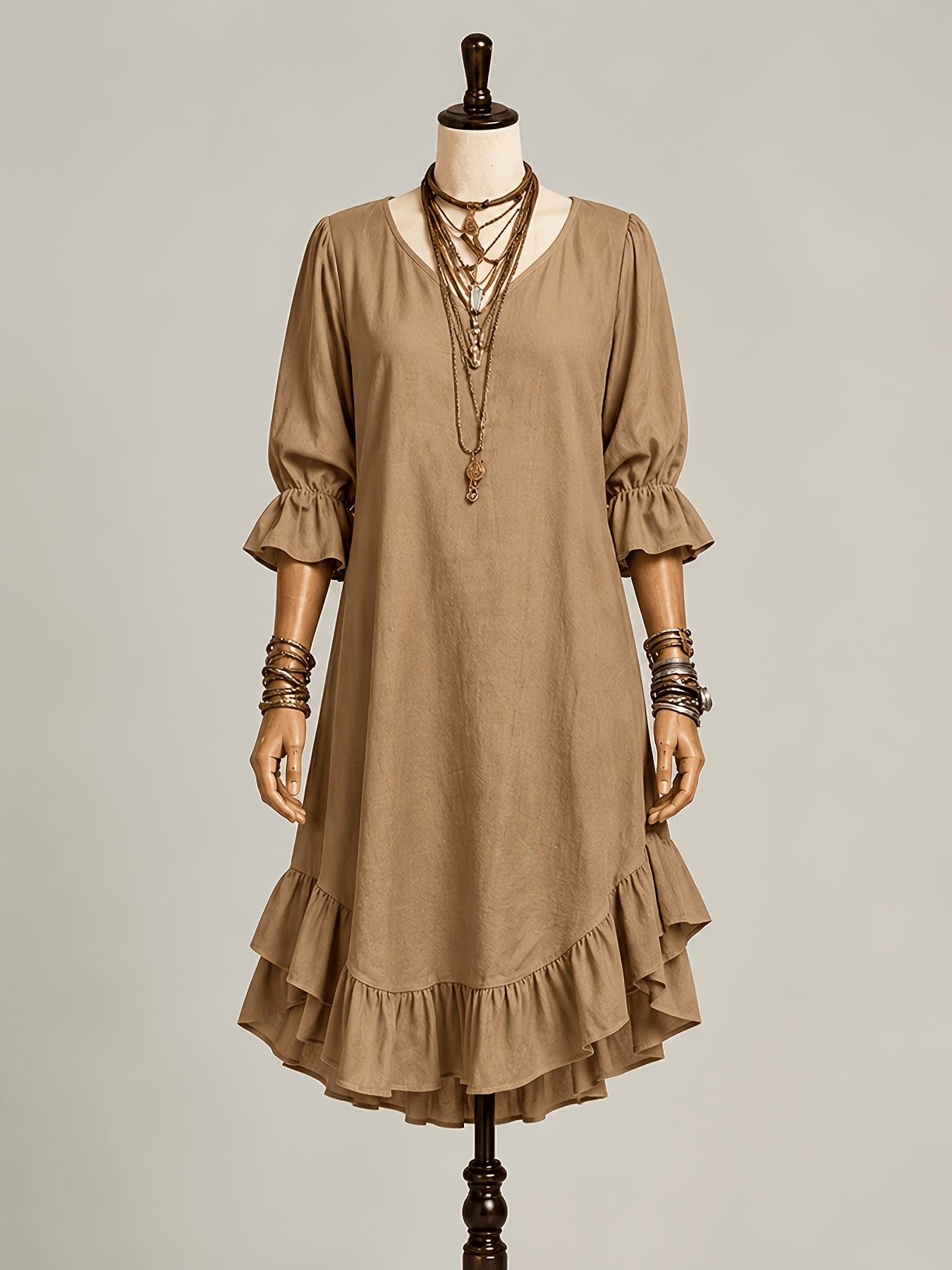 1pc 2026 New Spring Summer Women'S Midi Dress Solid Army Green V Neck 3/4 Ruffle Sleeve Irregular Ruffled Hem Loose Linen Texture Bohemian Casual Daily Beach Vacation Dress