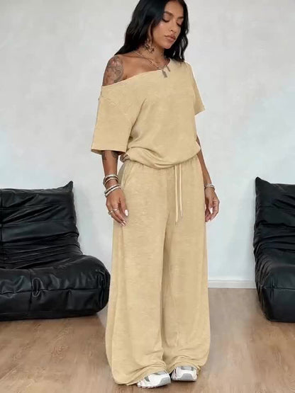 Women Cooling Breathable 2pcs Casual, Off Shoulder Short Sleeve Loose T-shirt& Elastic Drawstring High Waist Wide Leg Sweatpants Set, Soft Stretchy Oversized Loungewear Outfit for Juniors, Petite, Tall, Curvy Ladies, for Daily