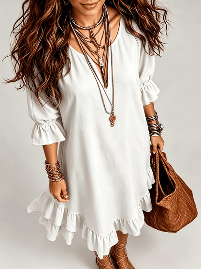 1pc 2026 New Spring Summer Women'S Midi Dress Solid Army Green V Neck 3/4 Ruffle Sleeve Irregular Ruffled Hem Loose Linen Texture Bohemian Casual Daily Beach Vacation Dress