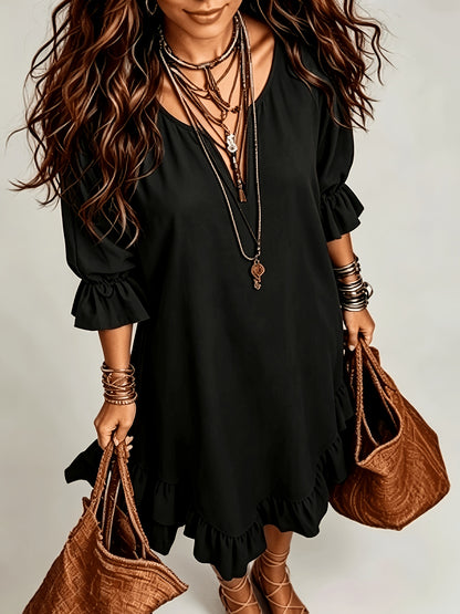 1pc 2026 New Spring Summer Women'S Midi Dress Solid Army Green V Neck 3/4 Ruffle Sleeve Irregular Ruffled Hem Loose Linen Texture Bohemian Casual Daily Beach Vacation Dress