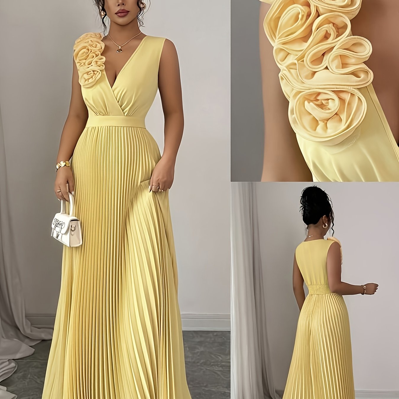 Elegant V-neck Sleeveless Patchwork Exaggerated Floral A-line Hem Pleated Dress