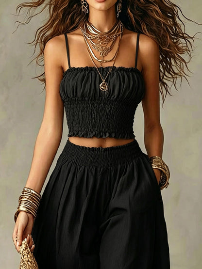 Elegant Bustier Short Cami And Lantern Pants Set, Vacation Casual Two-Piece Outfit, Women'S Style