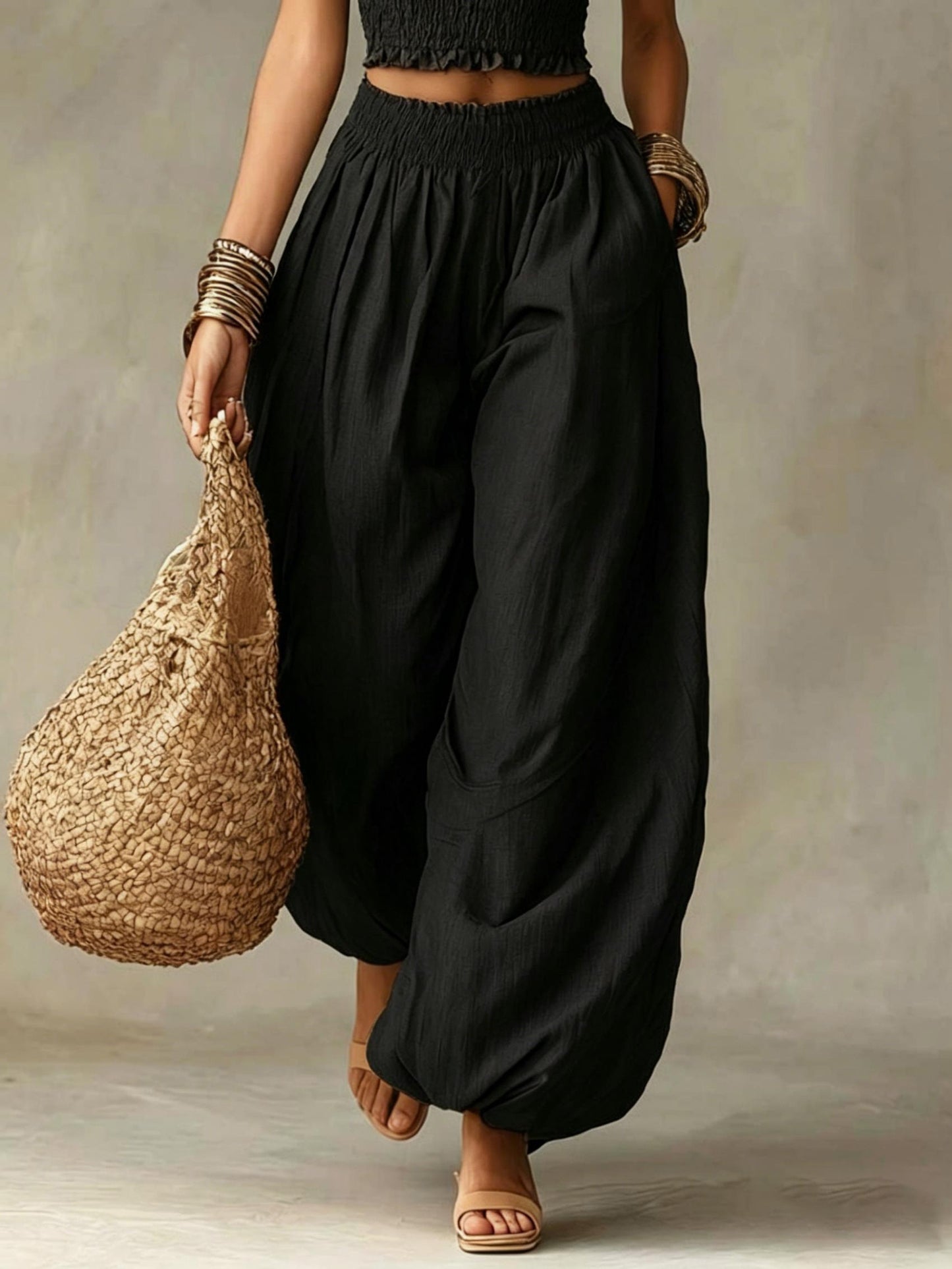 Elegant Bustier Short Cami And Lantern Pants Set, Vacation Casual Two-Piece Outfit, Women'S Style