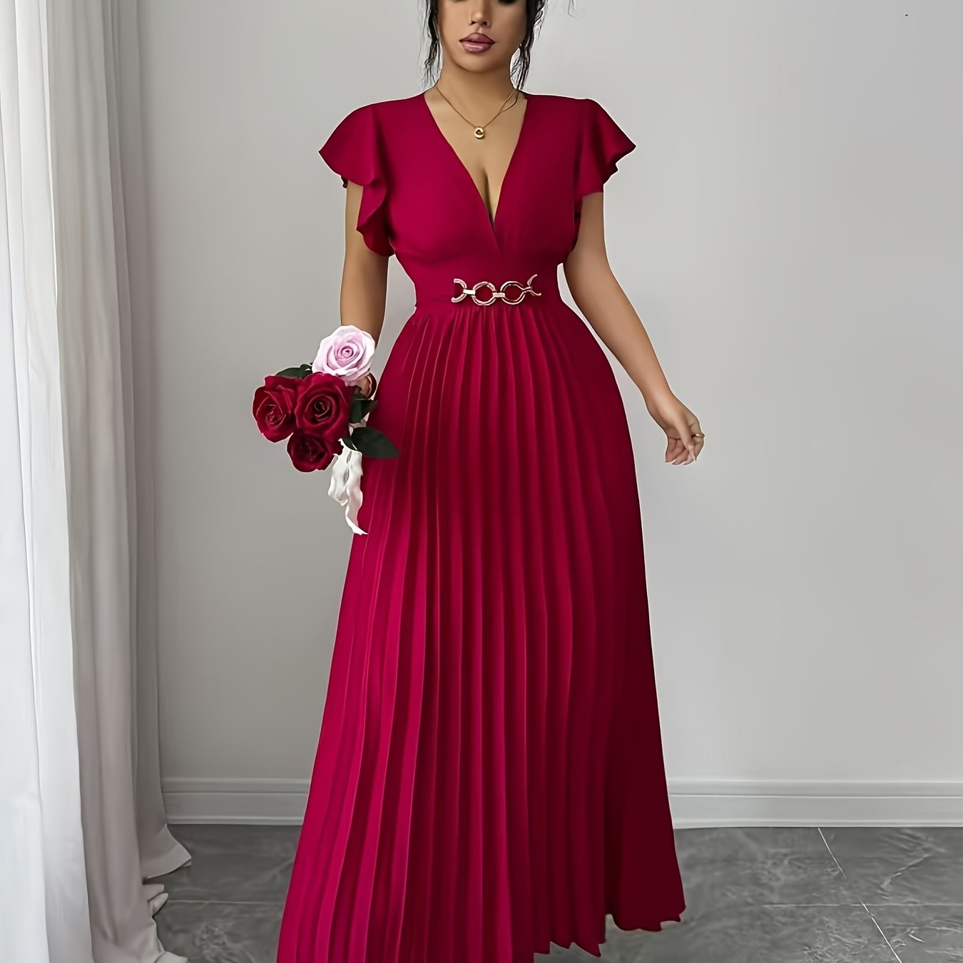 Spring And Summer New Elegant Ladies Slim V-Neck Dress with Pleated Craftsmanship, Large Skirt, Ruffled Lotus Leaf Sleeves, Valentine'S Day Party Gathering Elegant Dress, Commuting Fashion Skirt
