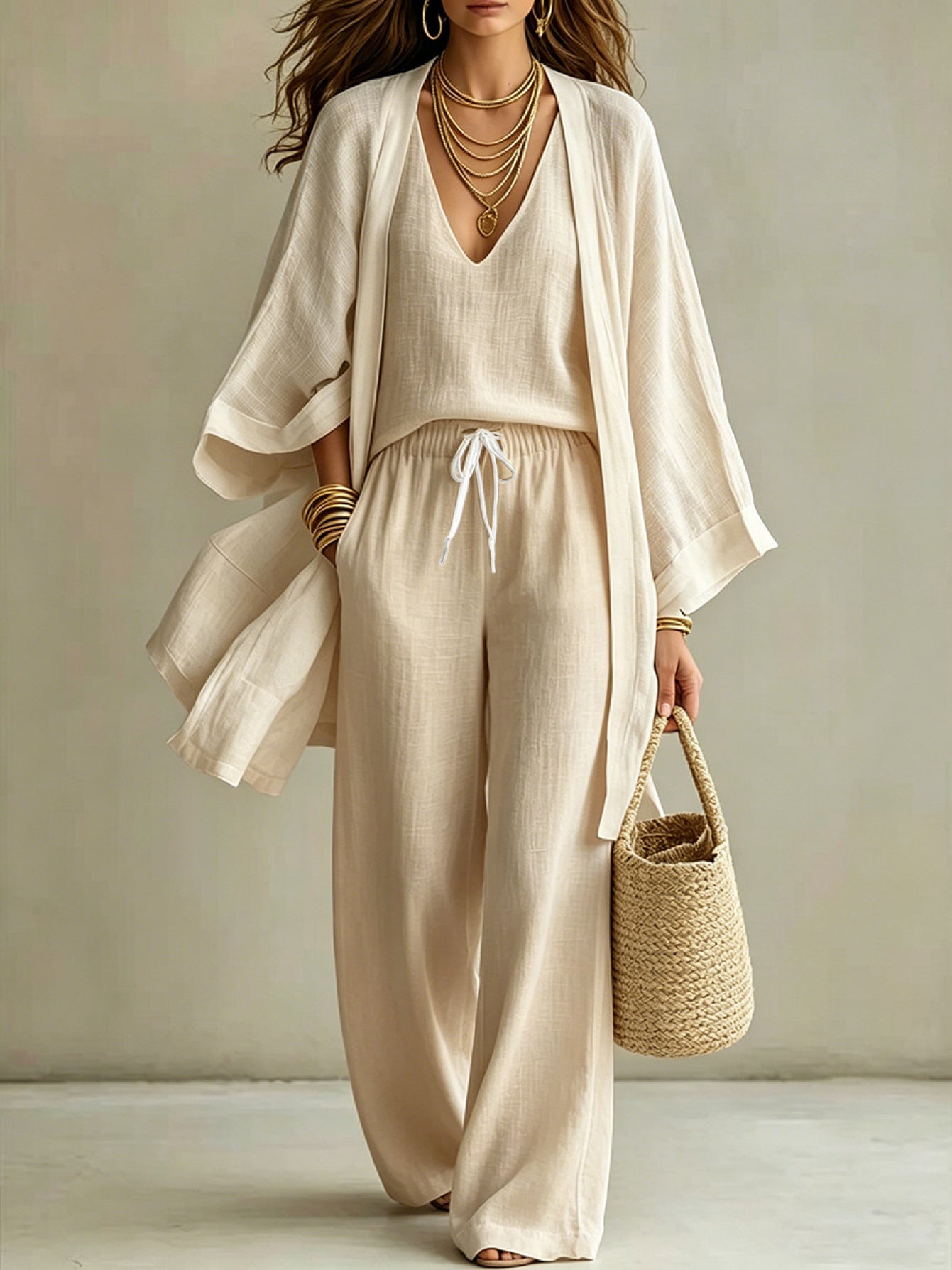 European And American Summer Loose - Mid-Length Three-Piece Set for Women: Three-Quarter Sleeve Cardigan, Sleeveless Vest, And Long Pants