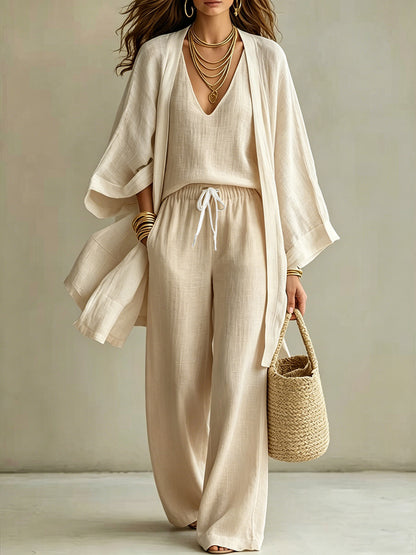 European And American Summer Loose - Mid-Length Three-Piece Set for Women: Three-Quarter Sleeve Cardigan, Sleeveless Vest, And Long Pants