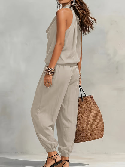 BK260503024+ Women's Elegant Faux Linen Texture Halter Neck Slouchy Collar Wide-Leg Pants Set, Loose Sleeveless Breathable Skin-Friendly 2pcs Set, Versatile for Commuting and Casual Wear, Drawstring Waist Design for and Figure-Flattering Effect